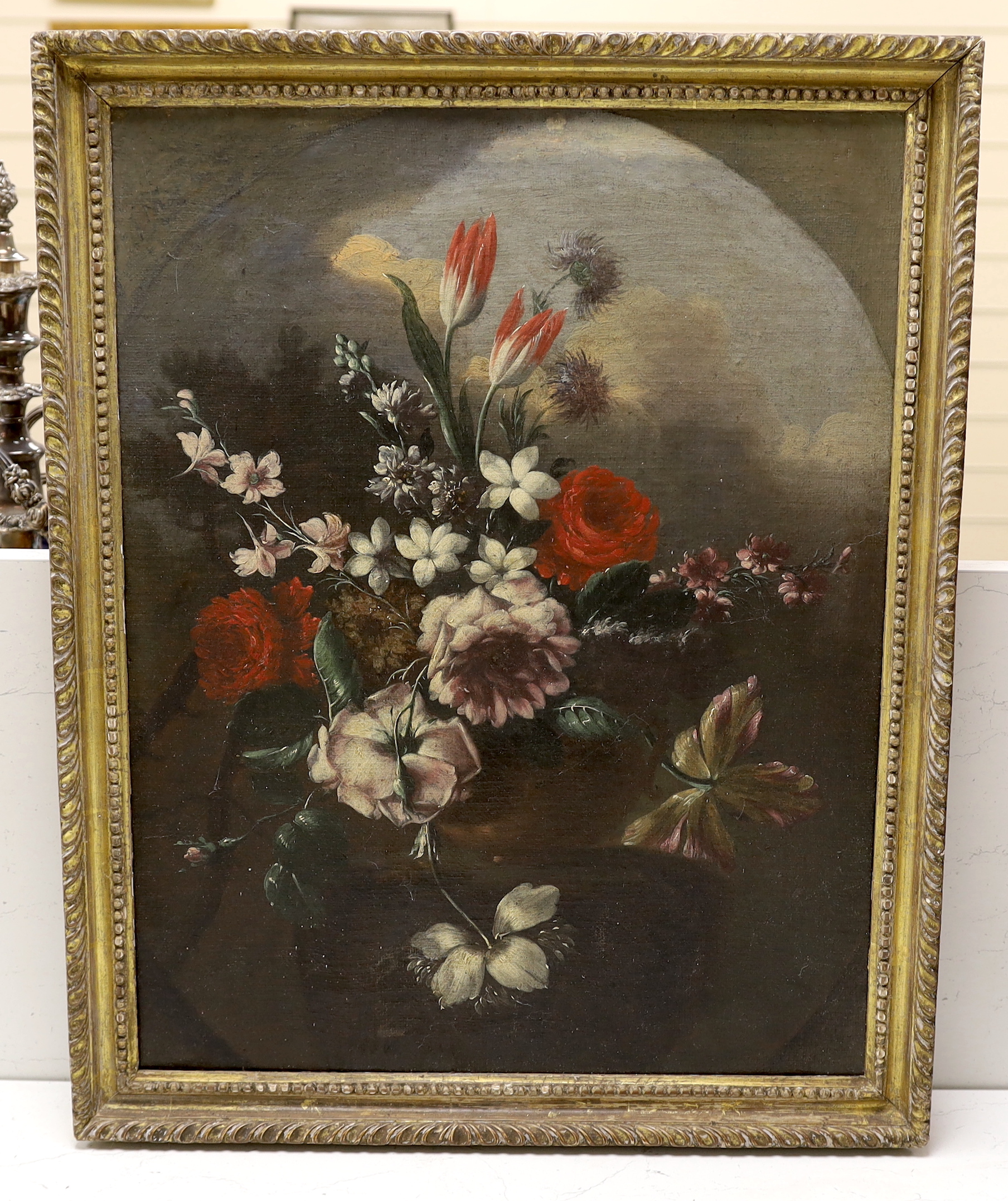 19th century, oil on canvas, Still life of flowers, feigned oval, 55 x 42cm